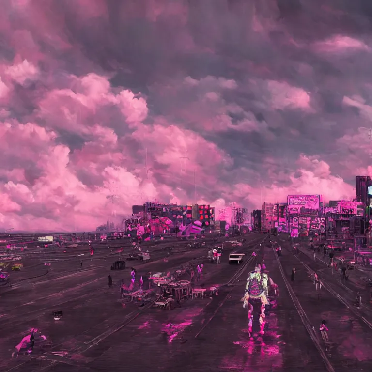 Image similar to oil painting, punk, punk back, pink, people with mohawks, neon, ultra detailed, contrast, heaven pink, clouds, sky, volumetric light, atmospheric lighting, dramatic, cinematic, steampunk, moody, octane render 4 k, 8 k