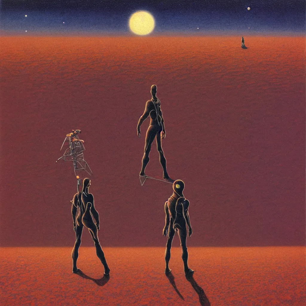 Image similar to high detailed lone person looking to its dying planet on a progressive rock 70s 80s album cover style by Barry Godber, oil paint on canvas, moebius, incal, realistic art, evangelion third impact inspired, dune, pulp magazines cover art, Eliran Kantor, sand and desert environment, Eloy band, cinematic, unreal engine, high quality, eerily beautiful, cgsociety, 4K, UHD, Zdzisław Beksiński, by George Caleb Bingham and Donato Giancola and Bob Eggleton, trending on ArtStation