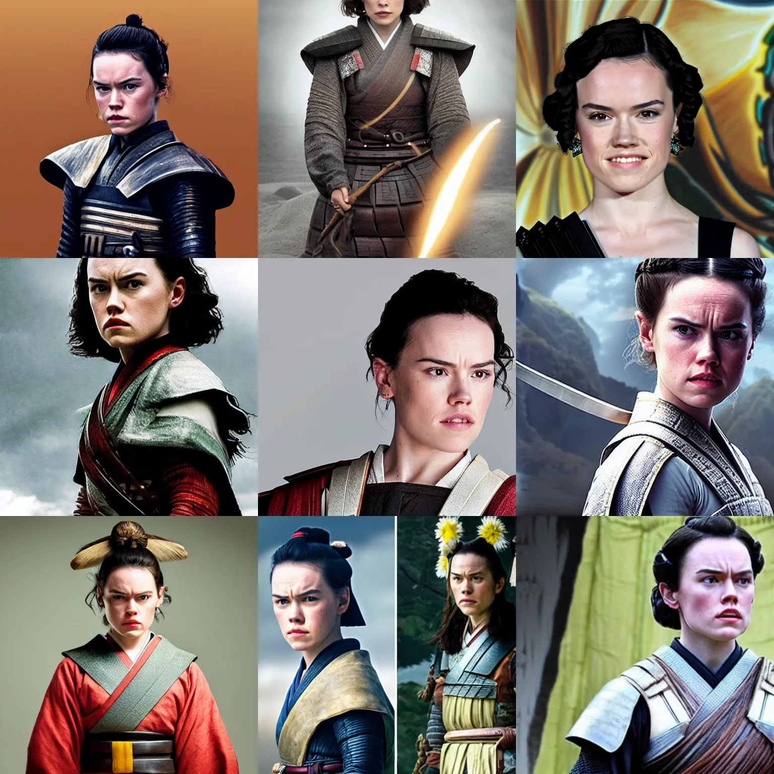 Prompt: Daisy Ridley as a samurai, with shoulder-length hair