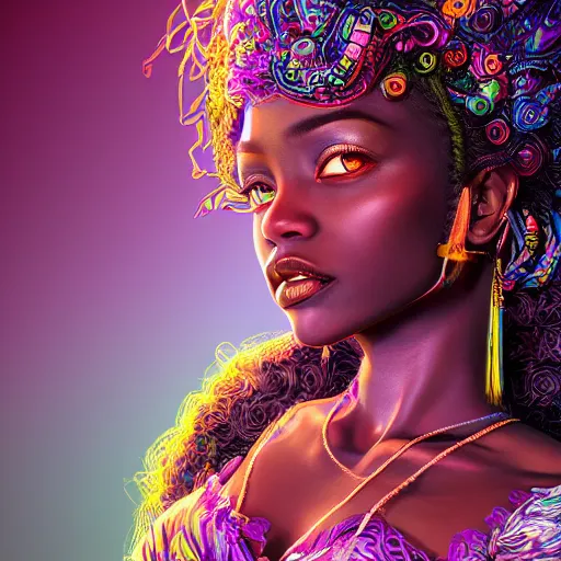 Prompt: the portrait of the absurdly beautiful, graceful, elegant, gorgeous, sensual young black girl goddess made of rainbow soul spirit, an ultrafine hyperdetailed photograph by kim jung gi, irakli nadar, intricate linework, bright colors, octopath traveler, final fantasy, unreal engine 5 highly rendered, global illumination, radiant light, intricate environment