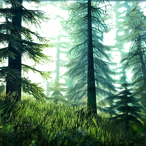 Image similar to a dense forest, brush and flowers on the forest floor, pine and spruce trees. Lighting, thick, painted, nvidia demo, point of view, dark, rays of light peeking through the leaves, symmetrical, detail.