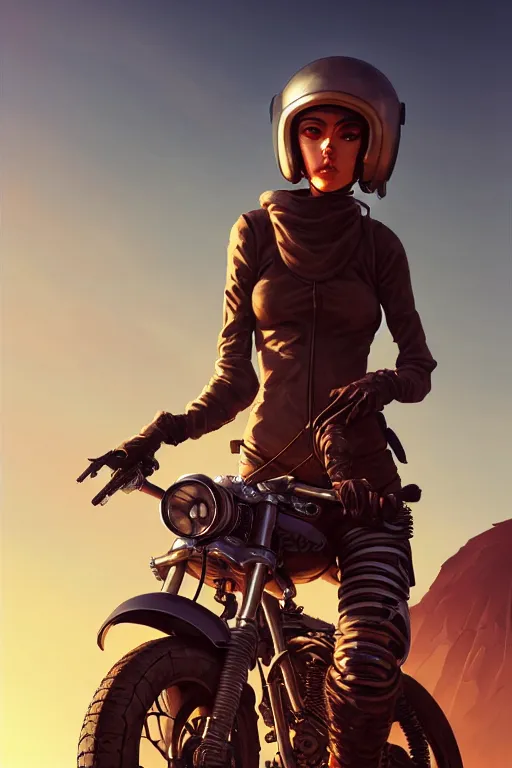 Image similar to a ultradetailed beautiful panting of post apocalyptic woman biker with helmet in front of burning desert, anatomically correct, pretty face, high detailed face, by ilya kuvshinov, greg rutkowski and makoto shinkai, trending on artstation