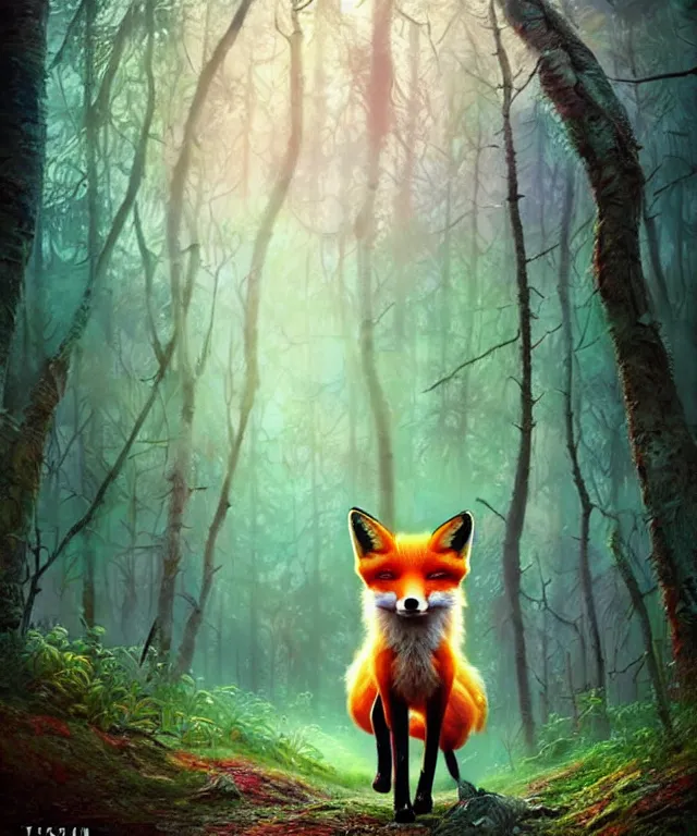 Image similar to a single realistic fox, walking through a psychedelic forest, wide angle landscape shot, pixar style by tristan eaton, artgerm and tom bagshaw