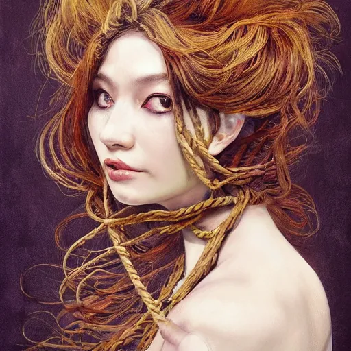 Image similar to portrait of a Shibari rope wrapped face and neck, headshot, insanely nice professional hair style, dramatic hair color, digital painting, of a old 13th century, traveler, amber jewels, baroque, ornate clothing, scifi, realistic, hyperdetailed, chiaroscuro, concept art, art by Franz Hals and Jon Foster and Ayami Kojima and Amano and Karol Bak,