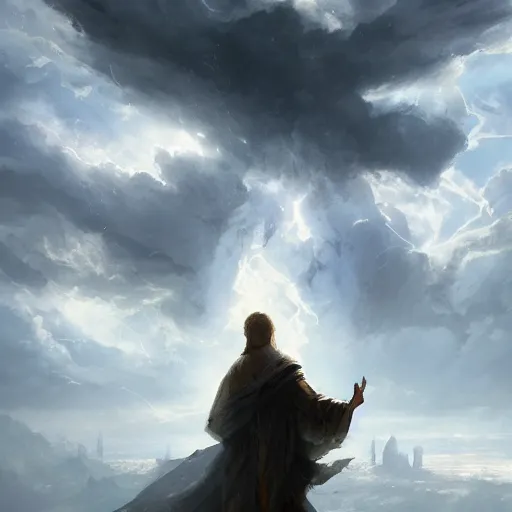 Image similar to the son of god is coming In the clouds with his angels , artstation, Greg rutkowski, cinematic, digital Art