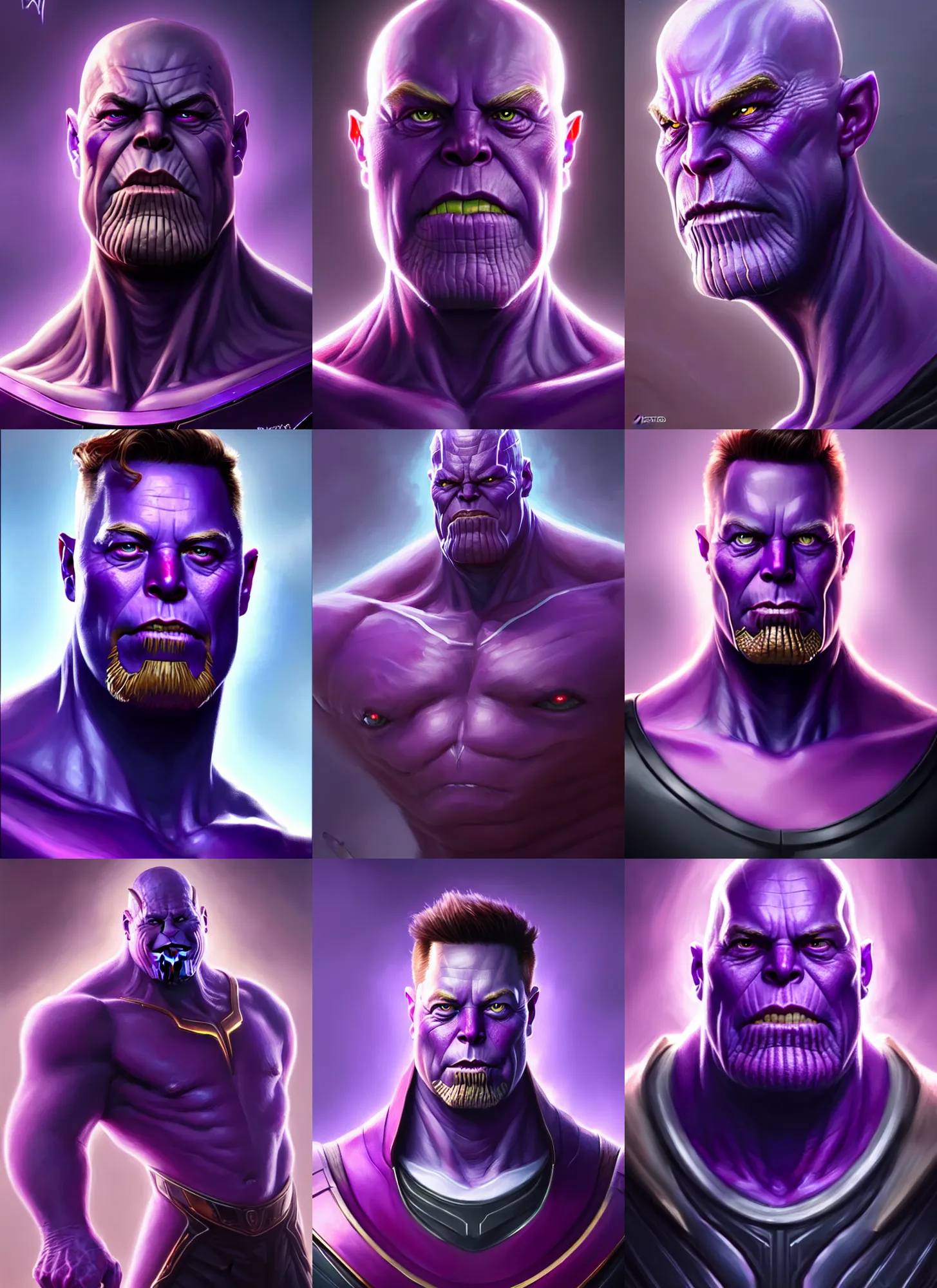 Prompt: a fantasy style portrait painting a character if elon musk and thanos had a son, purple skin, powerful chin, thanos style traits, painting, unreal 5, daz., rpg, portrait, extremely detailed, artgerm greg rutkowski _ greg