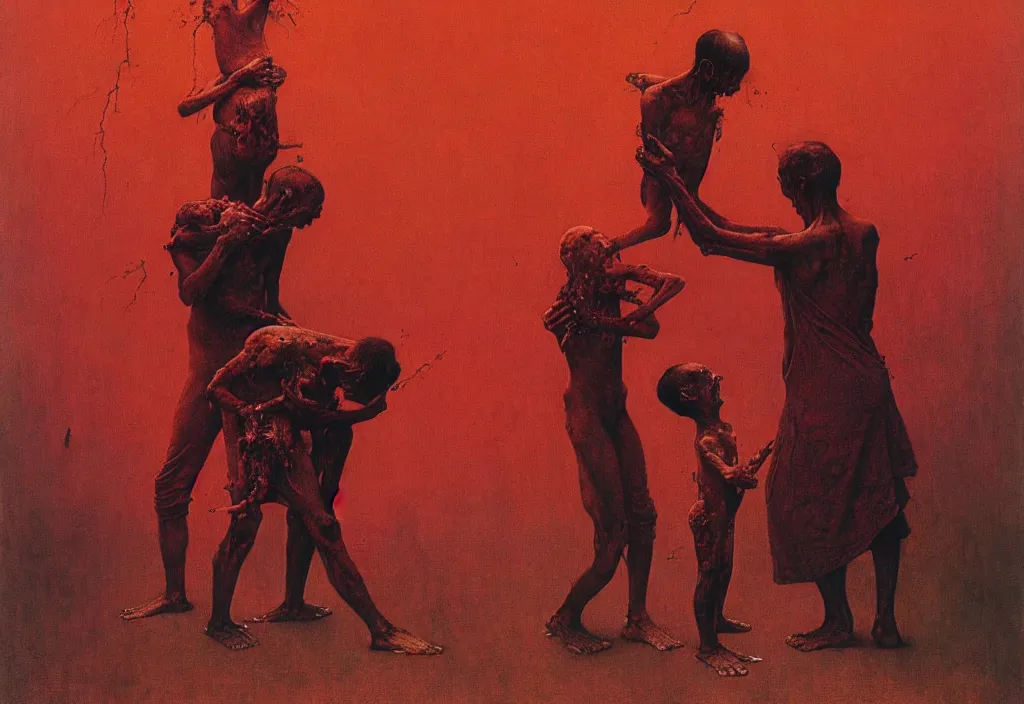 Prompt: A Norman Rockwell painting of a family losing their grip on reality, horror, blood red, cosmic horror, by Zdzisław Beksiński and Norman Rockwell, cinematic, 8k