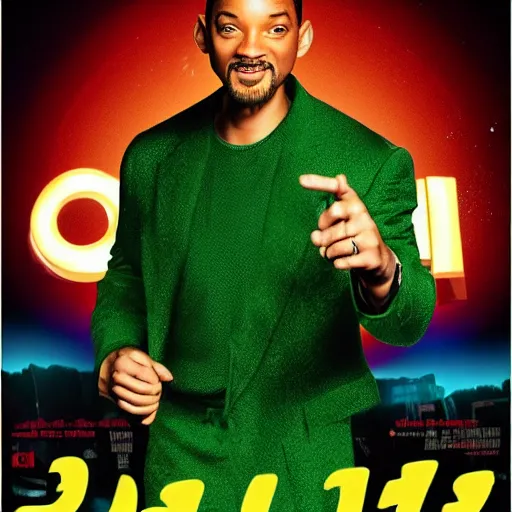 Prompt: movie poster cover of Will Smith, wearing a sparkly green dress, comedy movie cover