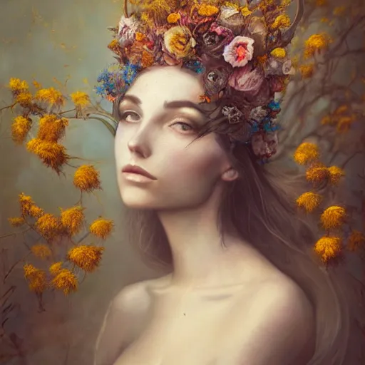 Image similar to fine art photo of the beauty goddess louisa rose allen, she has a crown of dried flowers, by peter mohrbacher