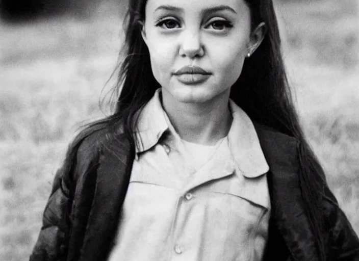 Image similar to professional fine detailed photo portrait of young angelina jolie from makhachkala, dagestan. kid angelina jolie in the postsoviet suburbia, iphone photo, instagram, black and white - - cfg _ scale 7