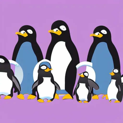 Prompt: A children's cartoon illustration using blues and purples, of a penguin family, a mom penguin, dad penguin, an older sister penguin and a baby brother penguin, highly detailed