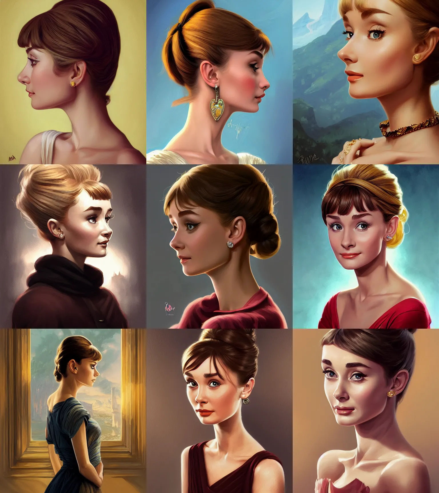 Prompt: emotional profile portrait of young blondie audrey hepburn, deep focus, d & d, fantasy, intricate, elegant, highly detailed, digital painting, artstation, concept art, matte, sharp focus, illustration, hearthstone, art by rhads, artgerm and greg rutkowski and alphonse mucha