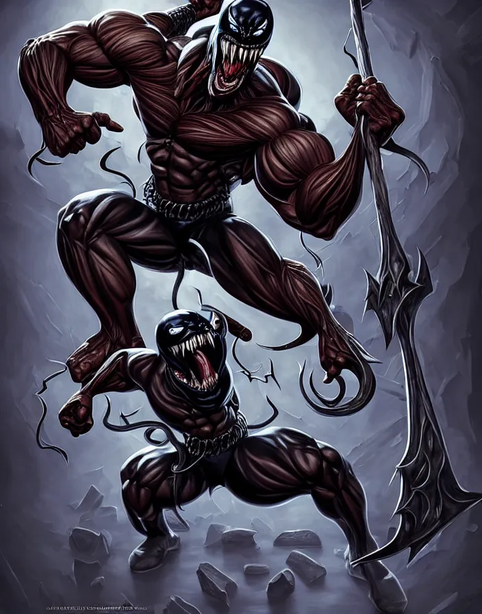 Image similar to fantastic comic cover of venom, lethal protector, muscles, muscular, veins, open mouth, angry, saliva, bigh sharp teeths, large thong, artstation, 3 d hammer modeling, hd, sharp high quality artwork in style of francesco di mattina, marko djurdjeviv, concept art, blizzard warcraft artwork, hearthstone card artwork