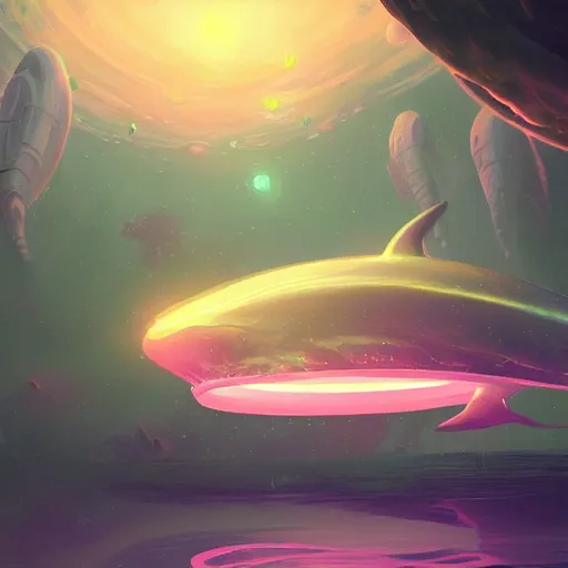 Prompt: translucent neon space whale floating majestically in the void, by Tyler Edlin, digital art, highly detailed, trending on art station