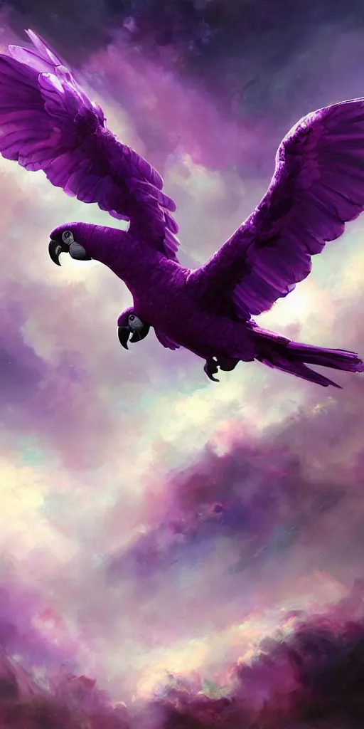 Image similar to a painting of a purple parrot flying through the sky, poster art by raymond swanland, deviantart, fantasy art, christian, deviantart, mystical