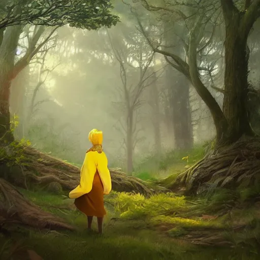 Image similar to concept art painting of an anthropomorphic grandma doe deer wearing yellow robes, in the deep forest, realistic, detailed, cel shaded, in the style of makoto shinkai and greg rutkowski and james gurney