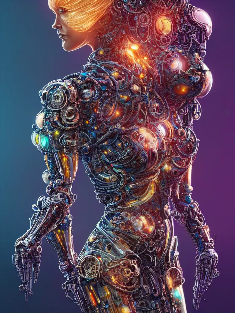 Image similar to full lenght shot woman in biomechanical dress, wearing epic bionic cyborg implants of different colors, detailed intricate ornate cables, by dan mumford, masterpiece, intricate, elegant futuristic wardrobe, highly detailed, artstation, concept art, background galaxy, cyberpunk colors, art by artgerm