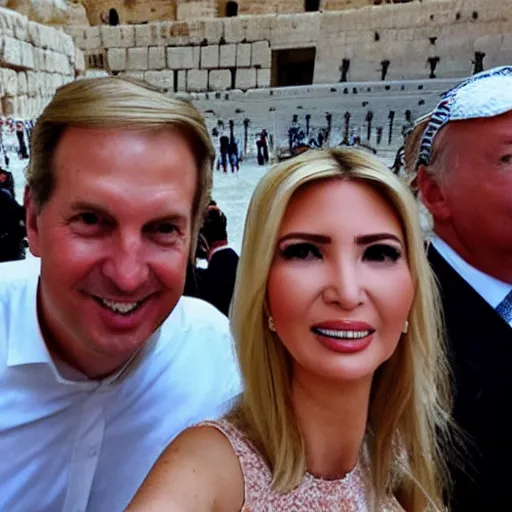 Prompt: photo realistic, selfie, donald and ivanka trump at the kotel