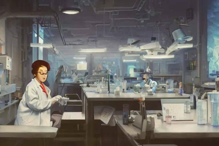 Prompt: A mixed media painting of a genetically-modified scientist-duck working in a pcr and microbiology lab, by Frank Frazetta, Greg Rutkowski, Beeple, Studio Ghibli, kawaii, post-processing, low angle, masterpiece, cinematic, isometric, volumetric lighting