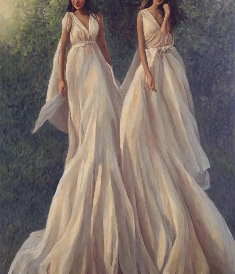 Image similar to Kiara Advani in V-neck dress. history painting, dusk, flowy dress Kiara Advani, artstation, oil on canvas, by Albert Aublet, Private Collection