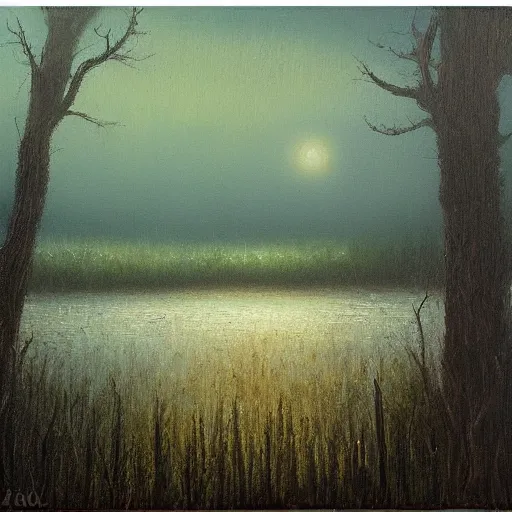 Image similar to will o'the wisp over a foggy swamp at twilight, very textured, highly detailed, oil painting