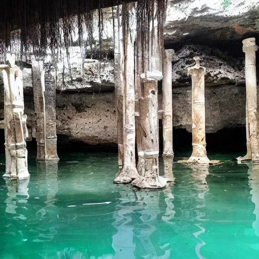 Prompt: cenotes with hexagonal altar made of bones in the water