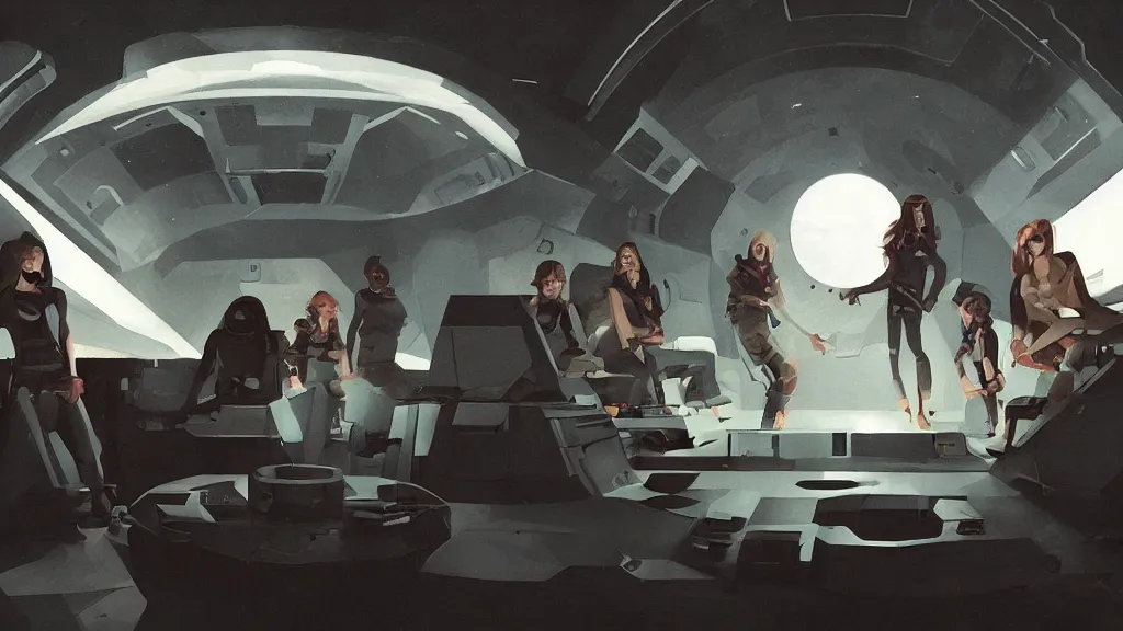 Image similar to all - female crew in a minimalistic, dark ( spaceship ), by jon foster, low poly.