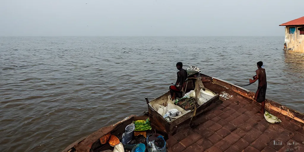 Prompt: fisherman fishing from a rooftop in a submerged sri lankan city