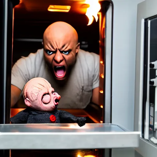 Prompt: a bald black man screaming while putting a screaming chucky doll in the oven, restaurant security cam footage, high definition