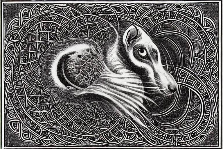 Image similar to an ornate illustration in the styles of mandalas and fractals, the styles of escher and penrose, depicting a weasel staring deep into the heart of the impossible all - and - nothing of the emerging technological singularity ; / what has god wrought? / he seems to be whispering.