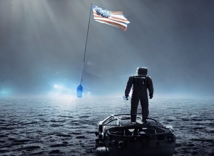 Image similar to astronaut holding a flag in an underwater desert. a submarine is visible in the distance. dark, concept art, cinematic, dramatic, atmospheric, 8 k, trending on artstation, blue, fish, low visibility, fog, ocean floor, christopher nolan, interstellar