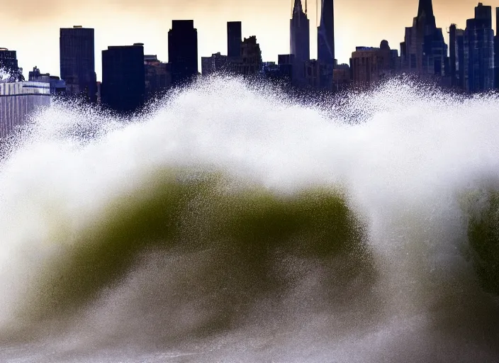 Image similar to Color photograph of a large wave crashing into the Manhattan skyline, doomsday, epic lighting