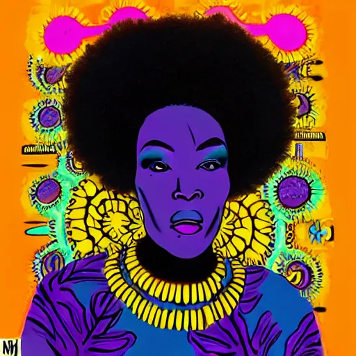 Image similar to Georgia Anne Muldrow, afro-psychedelia, afrocentric mysticism, in the style of Jack Gaughan