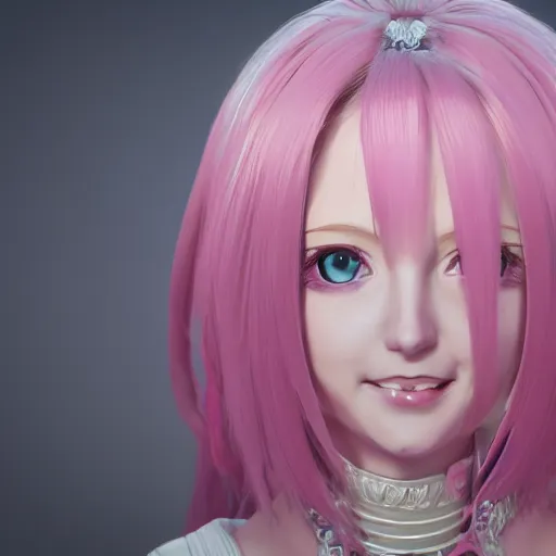 Image similar to stunningly beautiful omnipotent megalomaniacal anime goddess with porcelain skin, pink hair and mesmerizing cyan eyes, symmetrical perfect face smiling in a mischievous, devious and haughty way while looking down upon the viewer, mid view, hyperdetailed, unreal engine 5, 8 k