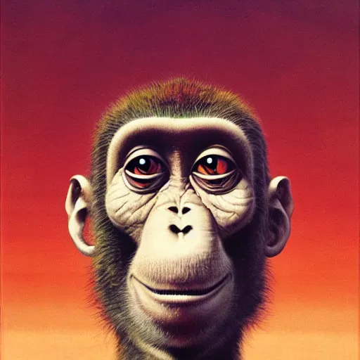 Image similar to Portrait of a monkey astronaut in the style of James Gilleard, Zdzislaw Beksinski, Mark Ryden, Wolfgang Lettl highly detailed, hints of Yayoi Kasuma