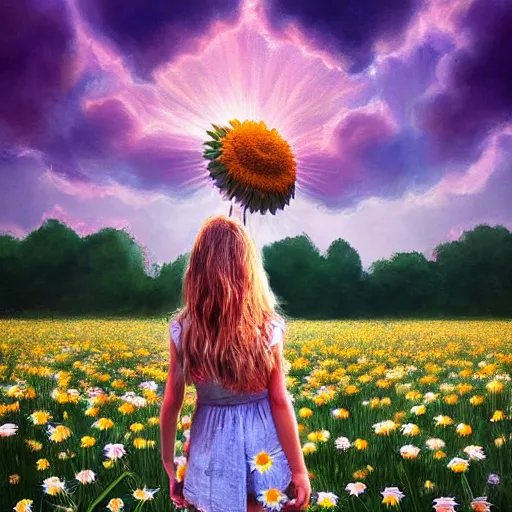 Image similar to face made of giant daisies, girl standing barefoot in a flower field, holding flowers, surreal photography, sunrise dramatic light, impressionist painting, colorful clouds, large sky, digital painting, artstation, simon stalenhag, flower face