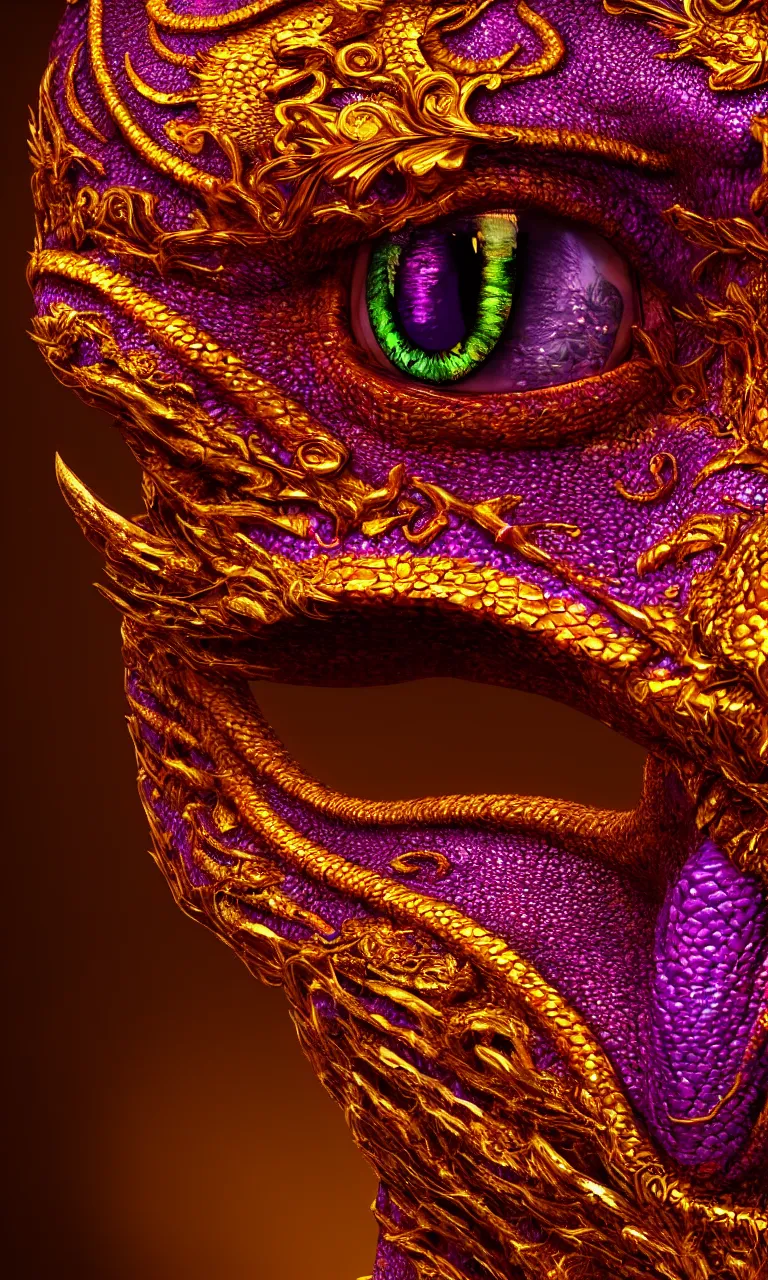 Prompt: purple and gold face of a dragon, symmetrical, ruby eyes, iridescent scales, hyperrealistic octane render 8 k, fantasy concept art