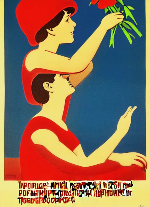 Image similar to soviet propaganda poster of phrase'tend to the flowers ', socialist realism