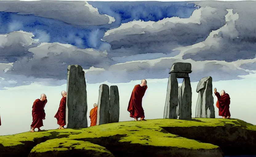 Image similar to a hyperrealist watercolour concept art of a group of medieval monks in grey robes levitating a huge flat rock in the air over their head. a large stonehenge moneument is in the sky. by rebecca guay, michael kaluta, charles vess and jean moebius giraud. high detail, hq, wide shot