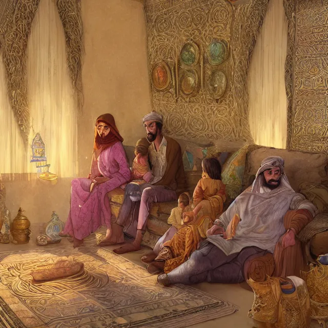 Prompt: bedouin father and his family sitting in an arabic styled house, highly detailed, gold filigree, romantic storybook fantasy, soft cinematic lighting, award, disney concept art watercolor illustration by mandy jurgens and alphonse mucha and alena aenami, pastel color palette, featured on artstation