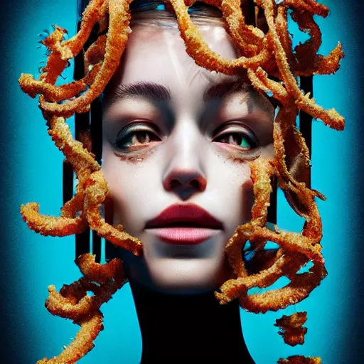 Image similar to the portrait of an unbelievably beautiful woman partially made of onion rings, an ultrafine detailed illustration by james jean, final fantasy, intricate linework, bright colors, behance contest winner, vanitas, angular, altermodern, unreal engine 5 highly rendered, global illumination, radiant light, detailed and intricate environment