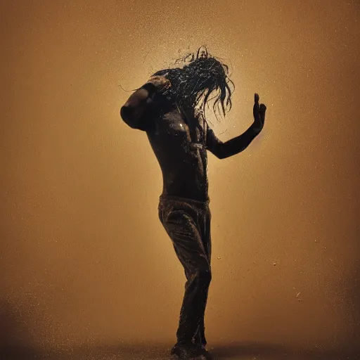 Image similar to The performance art shows a man caught in a storm, buffeted by wind and rain. He clings to a tree for support, but the tree is bent nearly double by the force of the storm. The man's clothing is soaked through and his hair is plastered to his head. His face is contorted with fear and effort. burnt sienna by Adonna Khare, by Syd Mead turbulent