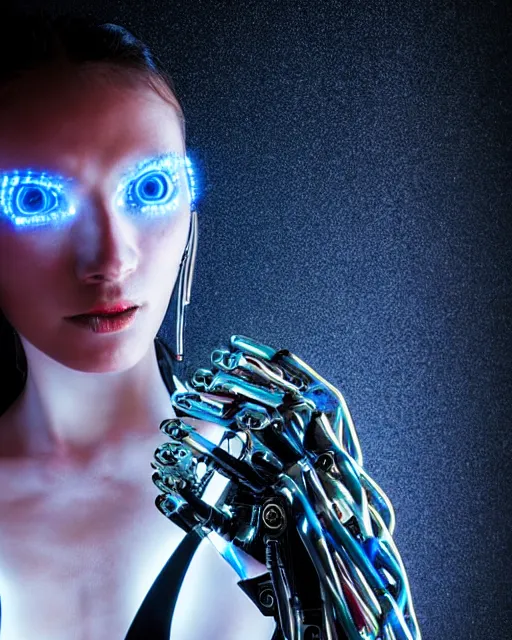 Image similar to portrait photo of female dancer as a cyberpunk mecha humanoid robotic head shoulder parts with straight bright led lights, under a shower, photorealistic and detailed, 8 k