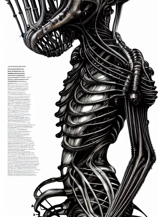 Image similar to iris van herpen gothic inflateble dark dress, perfect symmetrical body, helmet on face, full body shot, alien, plant predator, guyver, giger, wires, tubes, veins, jellyfish, white biomechanical details, wearing epic bionic cyborg implants, masterpiece, intricate, biopunk, vogue, highly detailed, artstation, concept art