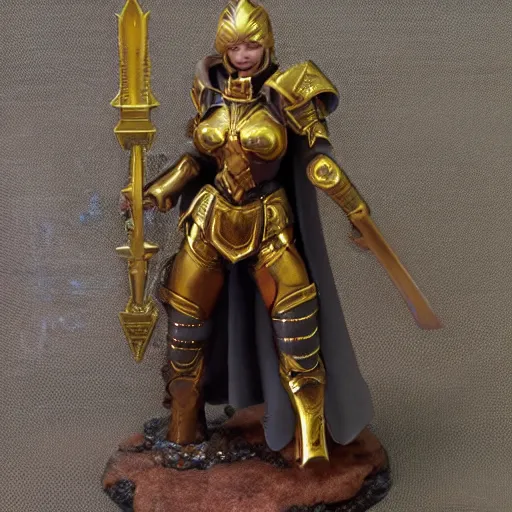 Image similar to 80mm resin detailed miniature of a heavily armored woman, fantasy, Product Introduction, golden armor, wielding a flaming warhammer, 4K