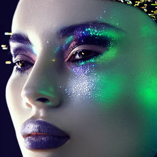 Image similar to portrait of a beautiful futuristic woman layered with high-tech jewelry wrapping around her face and head, golden-silver light with green gems