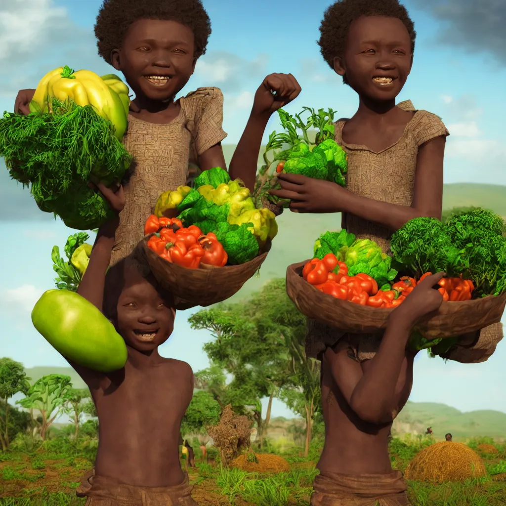 Prompt: Portrait of a Happy African child carrying vegetables in landscape with farm vegetables growing, intricate African jewelry rainbow warrior semi realistic comic, octane render, semi realistic comic art Dr Zeus, happy concept art Akitipe studios, cinematic volumetric lighting, ethereal divine details, Leonardo DaVinci detail A harmonious integration+8k