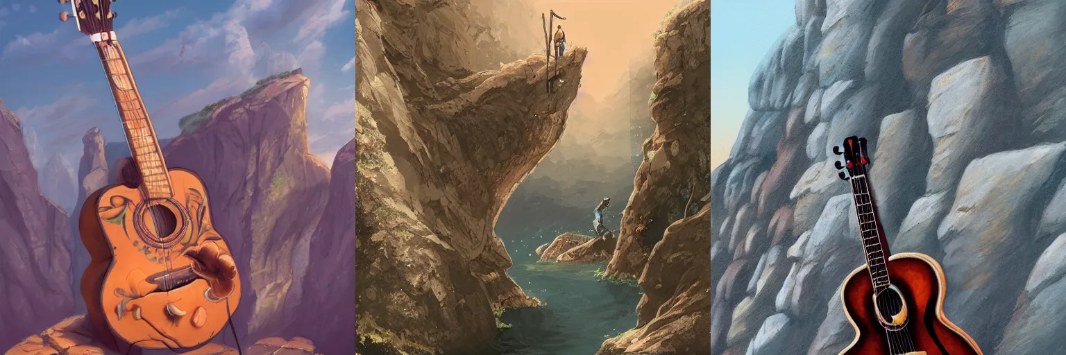 Prompt: Primitive humans played acoustic guitars on the edge of cliffs, artstation, illustration, concept art, highly detailed