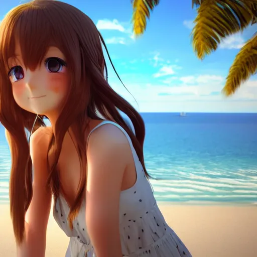 Prompt: render of a very beautiful 3d anime girl, long hair, hazel eyes, cute freckles, full round face, short smile, cute sundress, golden hour, serene beach setting, medium shot, mid-shot, highly detailed, trending on Artstation, Unreal Engine 4k