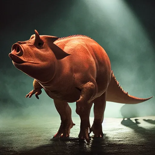 Prompt: dinosaur turn into pig, beautiful lighting